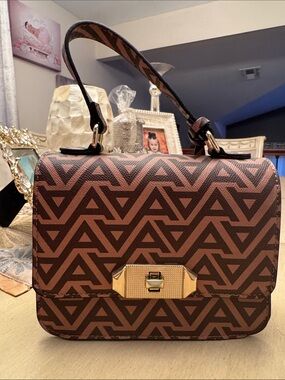 Aldo Brown Patterned Top-Handle Satchel with Gold-Tone Clasp
